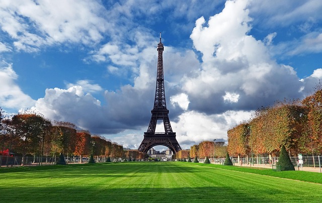 Street view in Paris with the Eiffel Tower in the background